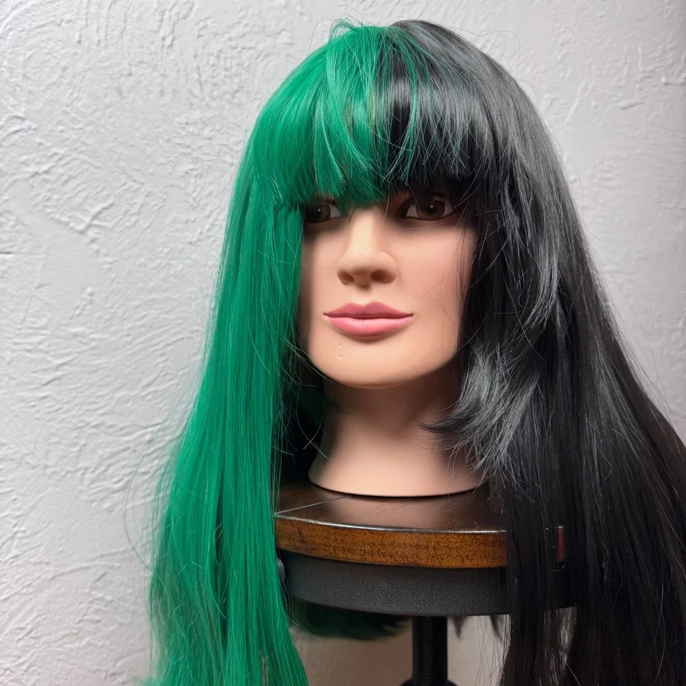 Split Dye Half Green Half Black Long Straight Wig with Bangs 27